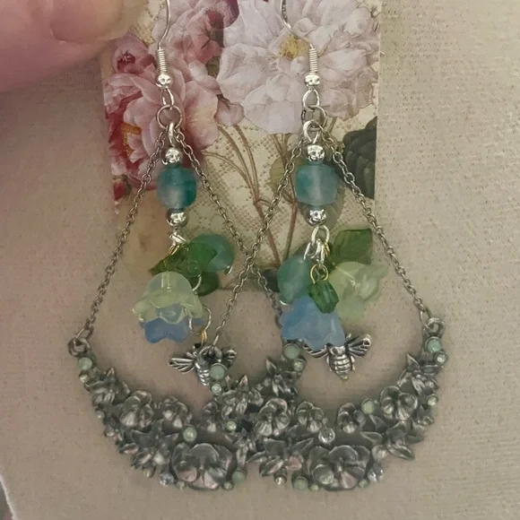 Vintage Upcycled Floral Silver Green and Blue Dangle Earrings - Picture 5 of 10